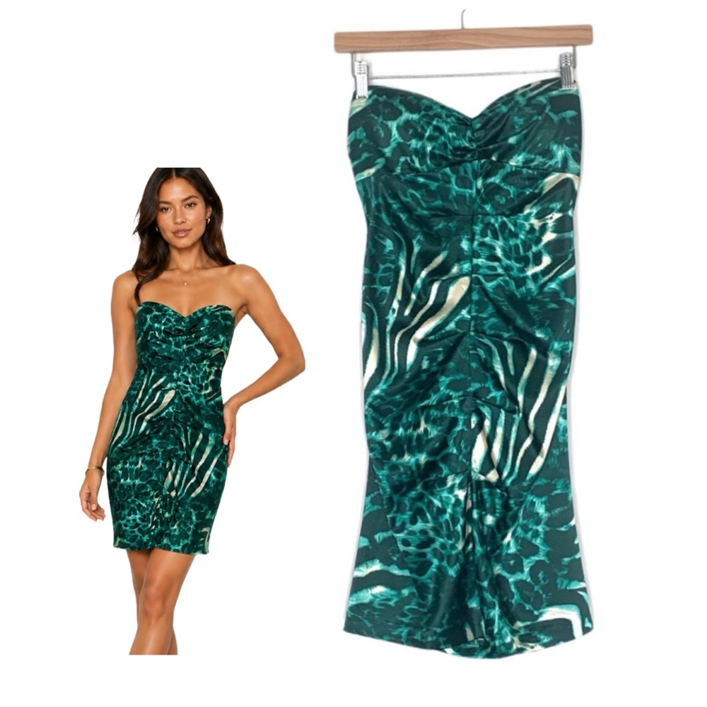 Arden B Ruched Teal Animal Print Strapless Satin Mini Dress Size 4